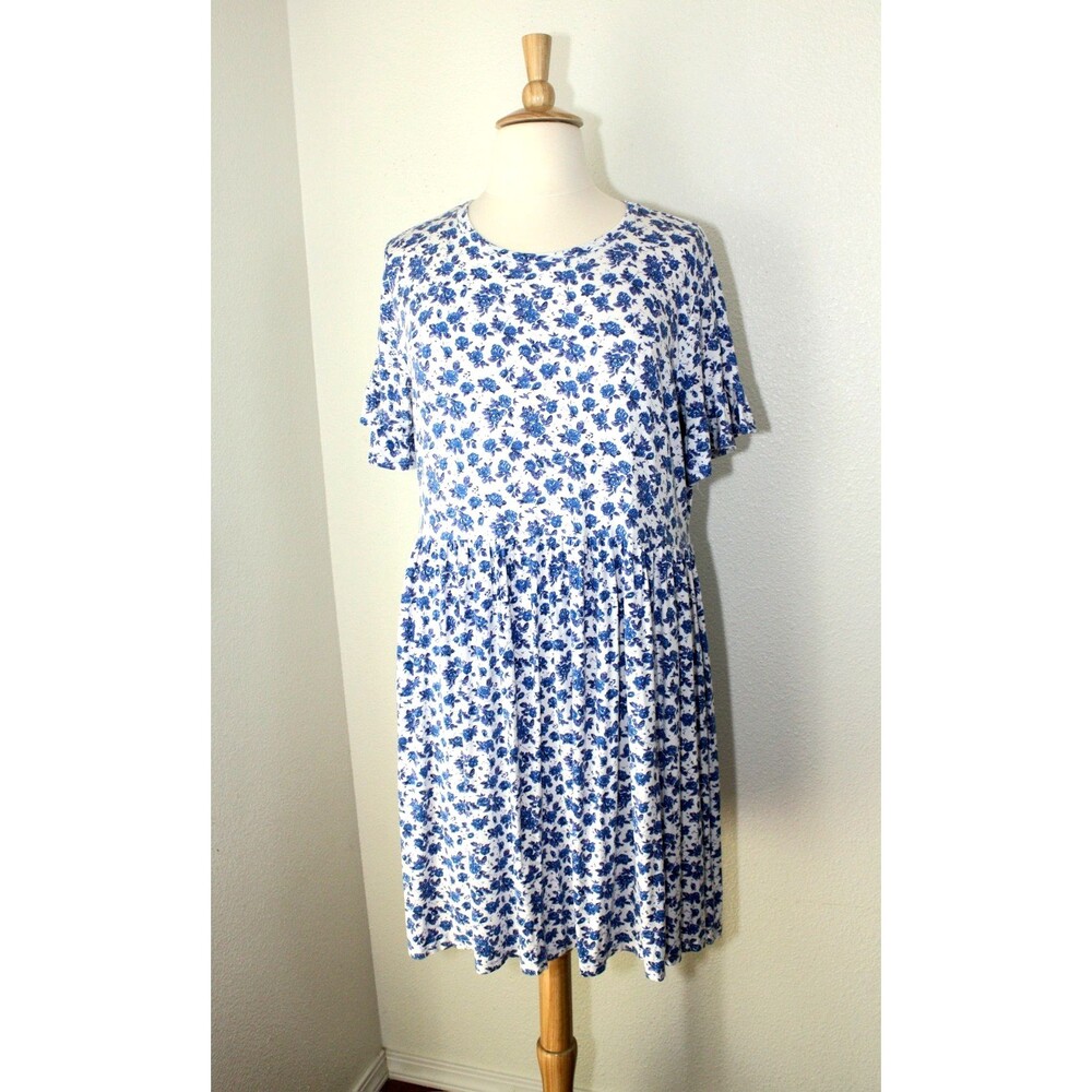 Cottagecore Peasant WEDNESDAY's GIRL Knit Dress Plus Sz. 22 White Blue Floral *